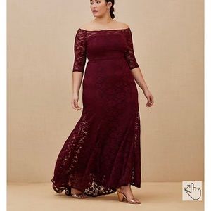 Torrid Online Exclusive Formal Burgundy Red Lace Off The Shoulder Maxi Dress 16